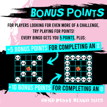 A matching infographic. Text reads: Bonus Points: For players looking for even more of a challenge, try playing for points! Every bingo gets you 5 points, plus: +5 bonus points for completing an X, and +10 bonus points for completing an O. [An X is shown