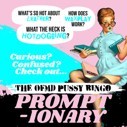 A graphic in pink, blue, black, and white. A pinup girl in glasses holds several books titled "Gangbang," "Electroplay", "Sadomasochism," "Hotdogging," and "Tribadism." Above her head, text reads: What's so hot about leather? How does waxplay work? What th